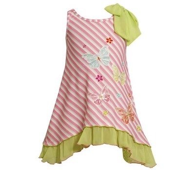 BONNIE JEAN GIRLS, SIZES 2T,3T,4T GREEN / PINK BUTTERFLY / GRN BOW ON SHOULDER
